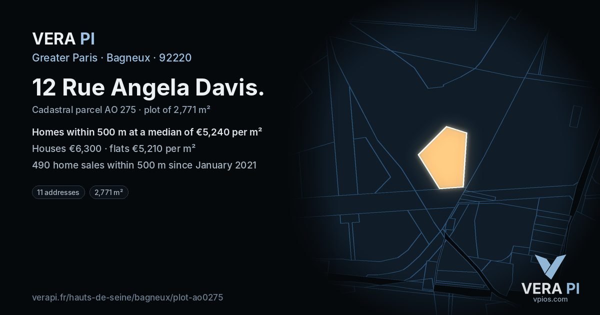 12 Rue Angela Davis, Bagneux at night – the plot lit, the parcels around coloured by the prices near them