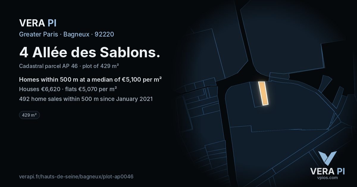 4 Allée des Sablons, Bagneux at night – the plot lit, the parcels around coloured by the prices near them