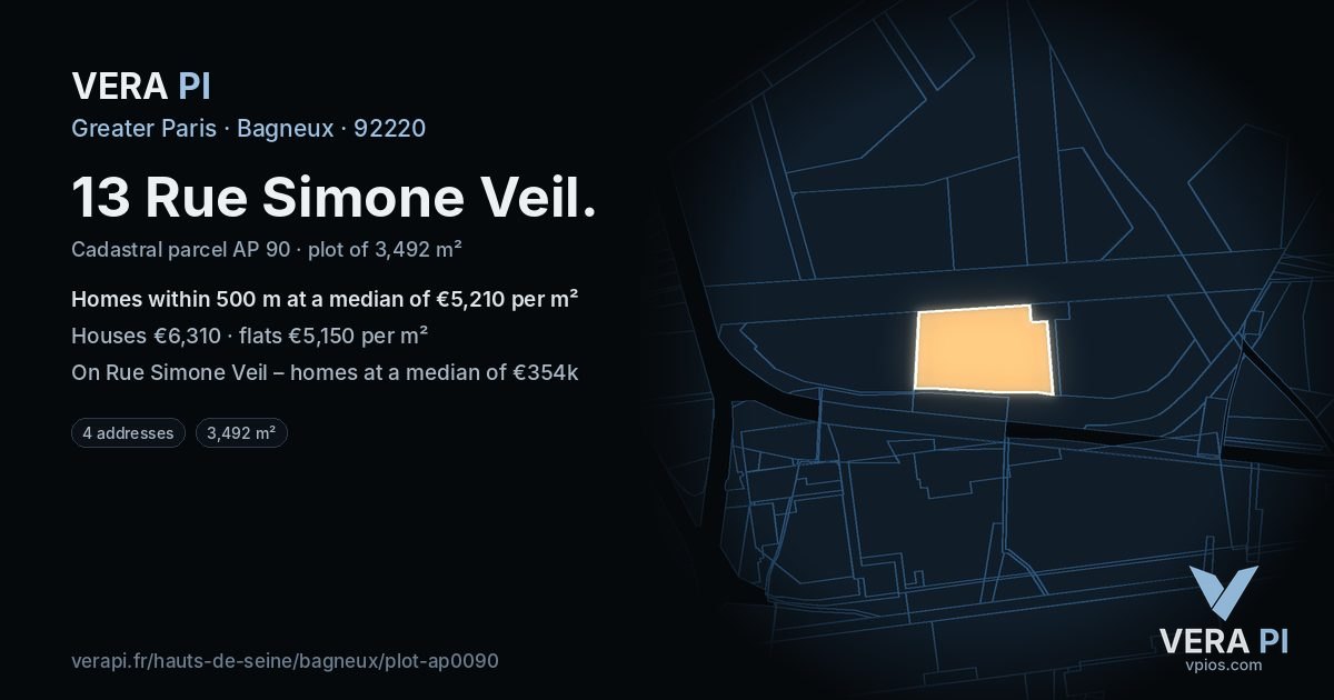 13 Rue Simone Veil, Bagneux at night – the plot lit, the parcels around coloured by the prices near them