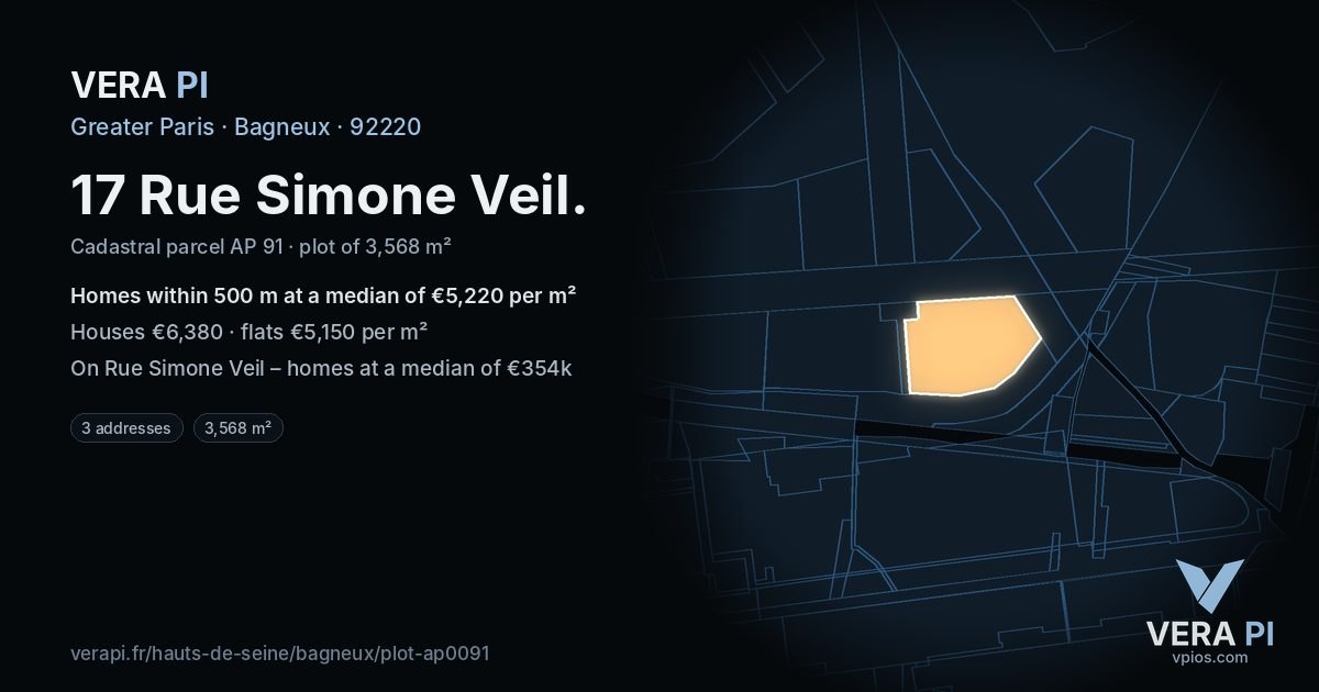 17 Rue Simone Veil, Bagneux at night – the plot lit, the parcels around coloured by the prices near them