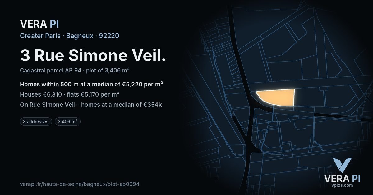3 Rue Simone Veil, Bagneux at night – the plot lit, the parcels around coloured by the prices near them