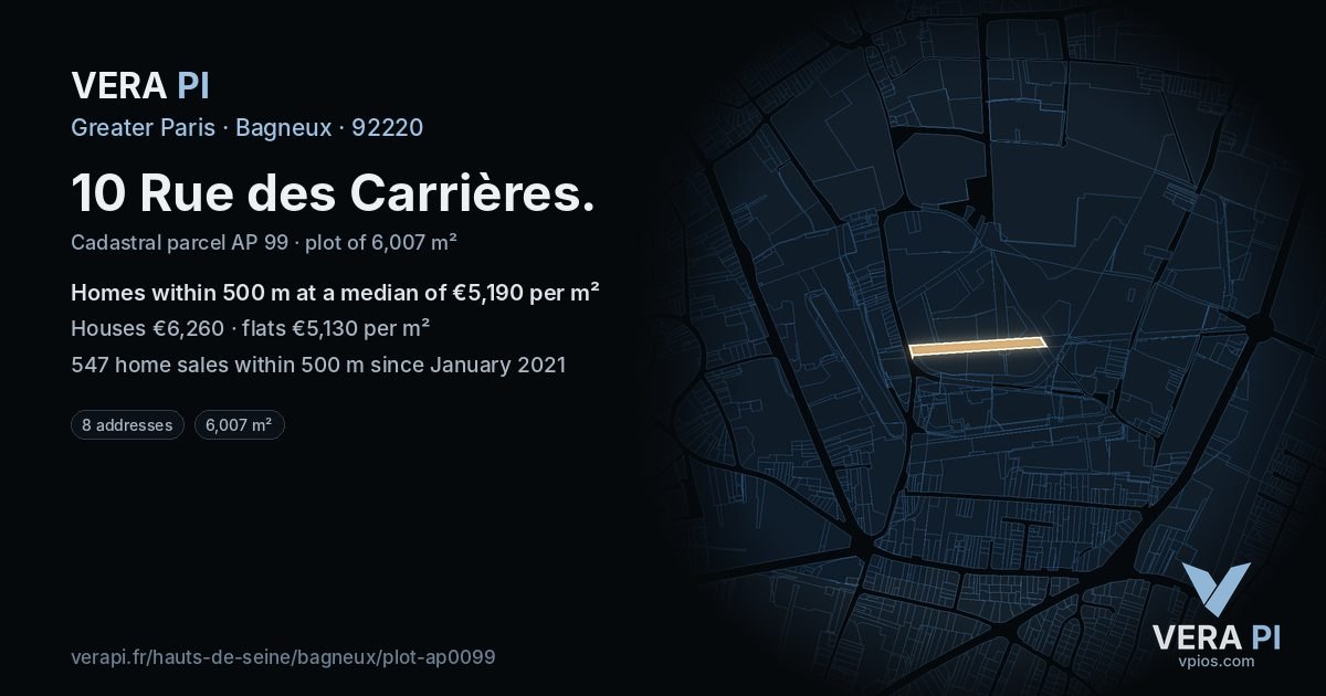 10 Rue des Carrières, Bagneux at night – the plot lit, the parcels around coloured by the prices near them