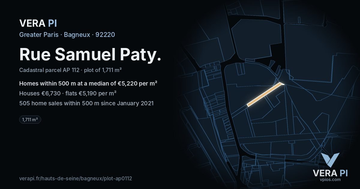 Rue Samuel Paty, Bagneux at night – the plot lit, the parcels around coloured by the prices near them