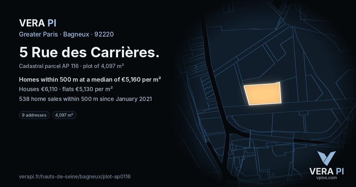 5 Rue des Carrières, Bagneux at night – the plot lit, the parcels around coloured by the prices near them