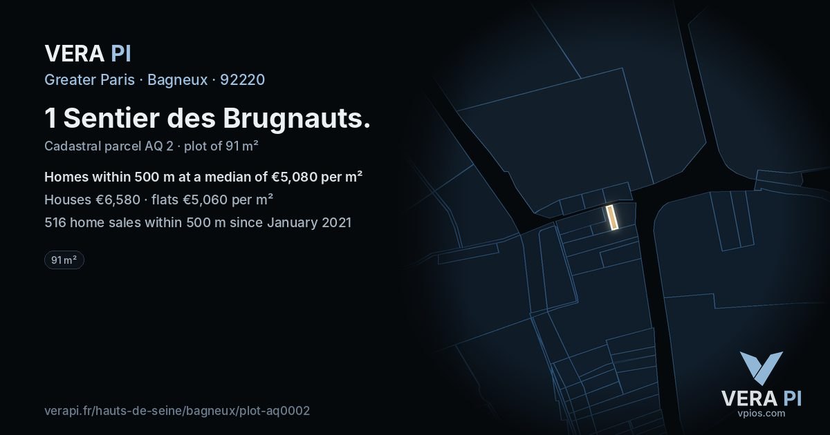 1 Sentier des Brugnauts, Bagneux at night – the plot lit, the parcels around coloured by the prices near them