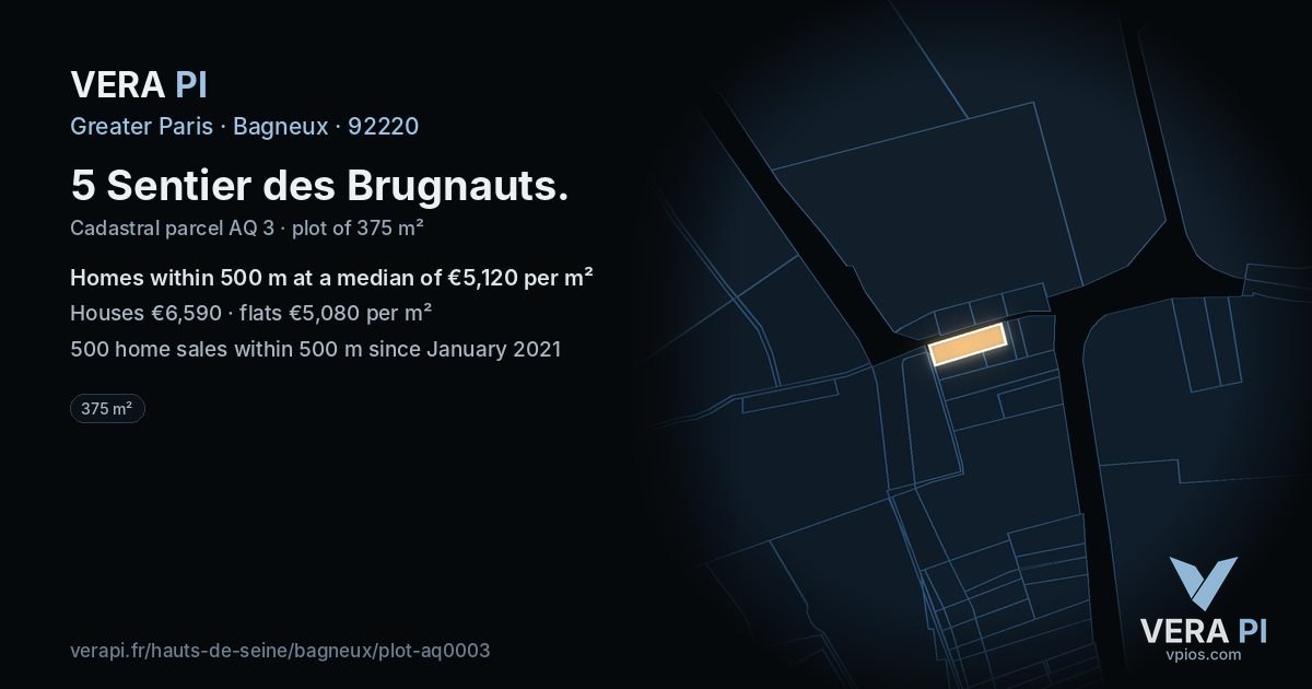 5 Sentier des Brugnauts, Bagneux at night – the plot lit, the parcels around coloured by the prices near them