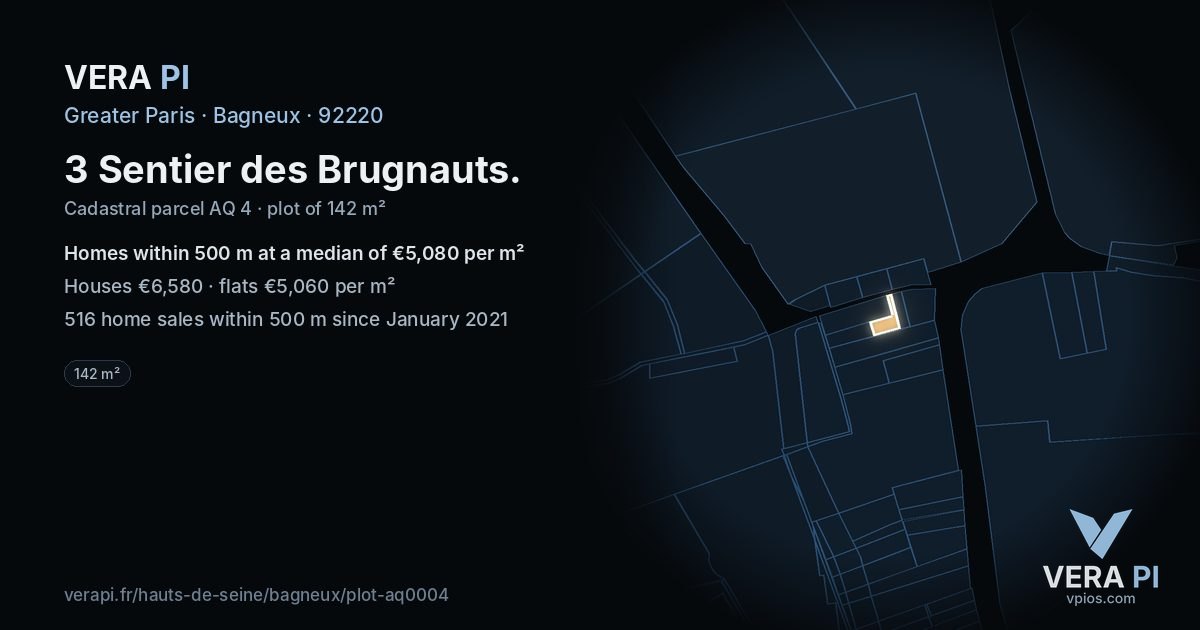 3 Sentier des Brugnauts, Bagneux at night – the plot lit, the parcels around coloured by the prices near them