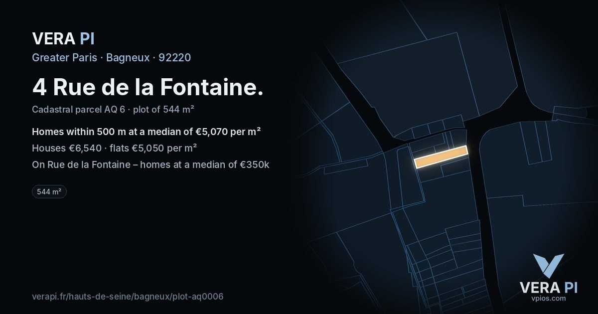 4 Rue de la Fontaine, Bagneux at night – the plot lit, the parcels around coloured by the prices near them
