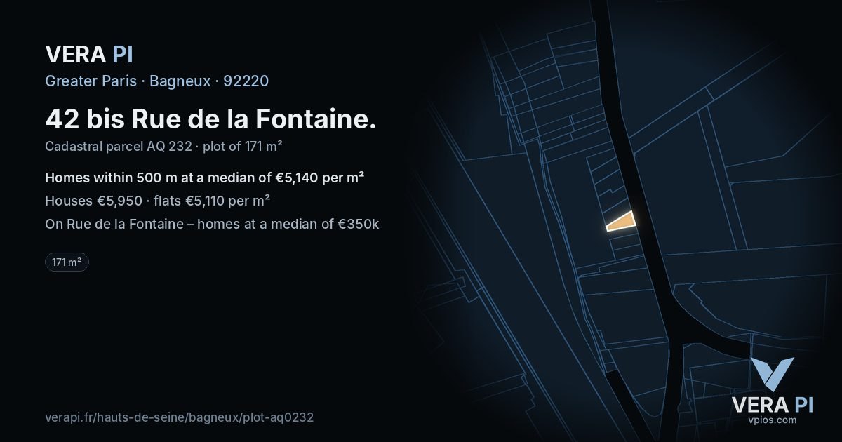 42 bis Rue de la Fontaine, Bagneux at night – the plot lit, the parcels around coloured by the prices near them