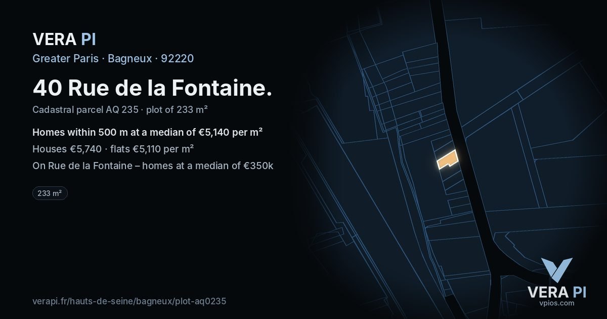 40 Rue de la Fontaine, Bagneux at night – the plot lit, the parcels around coloured by the prices near them