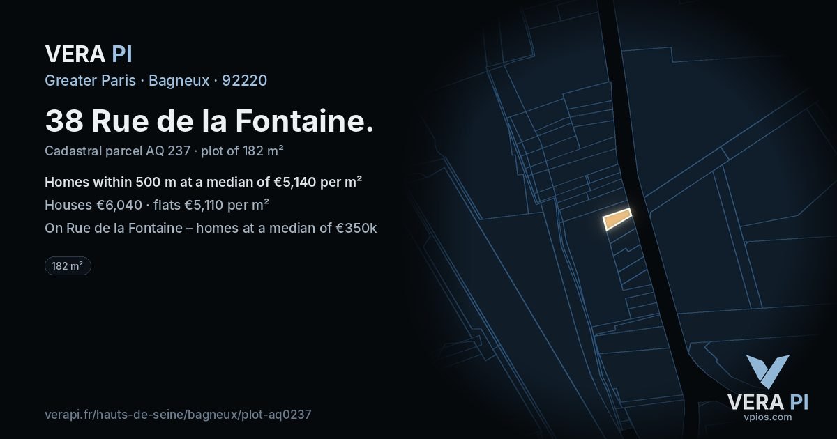 38 Rue de la Fontaine, Bagneux at night – the plot lit, the parcels around coloured by the prices near them