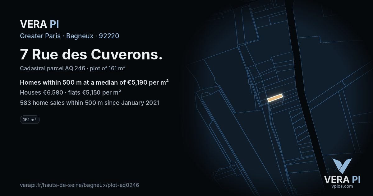 7 Rue des Cuverons, Bagneux at night – the plot lit, the parcels around coloured by the prices near them