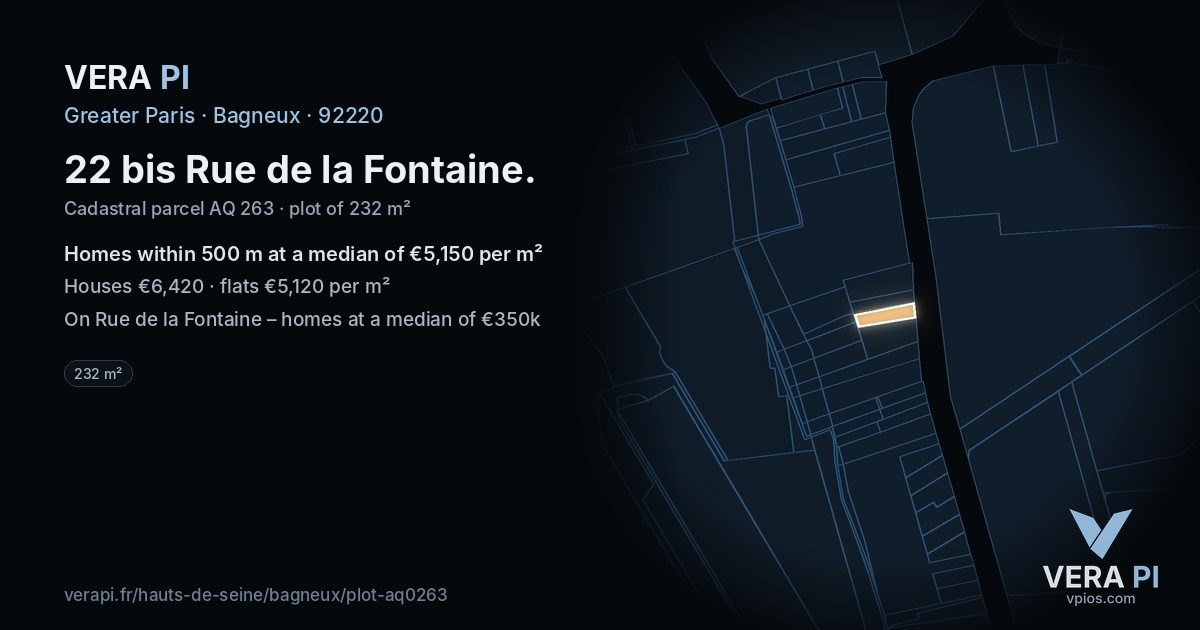 22 bis Rue de la Fontaine, Bagneux at night – the plot lit, the parcels around coloured by the prices near them