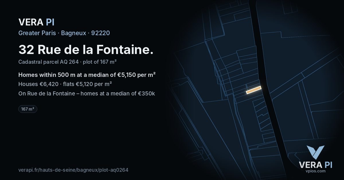 32 Rue de la Fontaine, Bagneux at night – the plot lit, the parcels around coloured by the prices near them