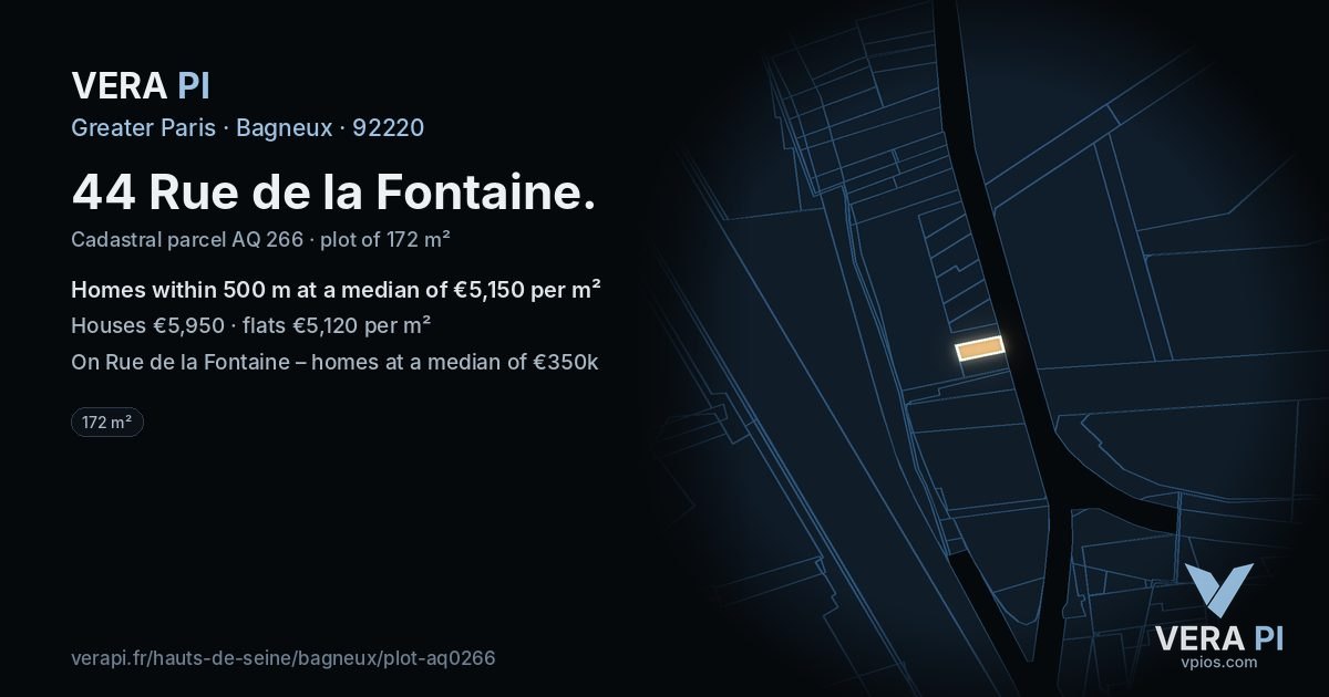 44 Rue de la Fontaine, Bagneux at night – the plot lit, the parcels around coloured by the prices near them