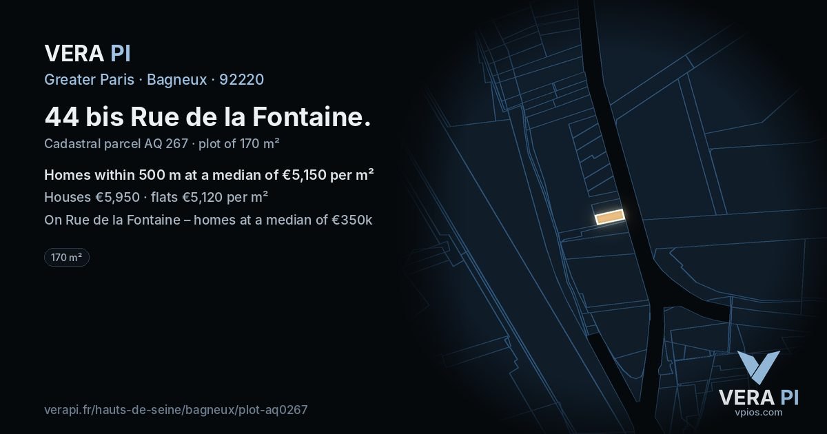 44 bis Rue de la Fontaine, Bagneux at night – the plot lit, the parcels around coloured by the prices near them