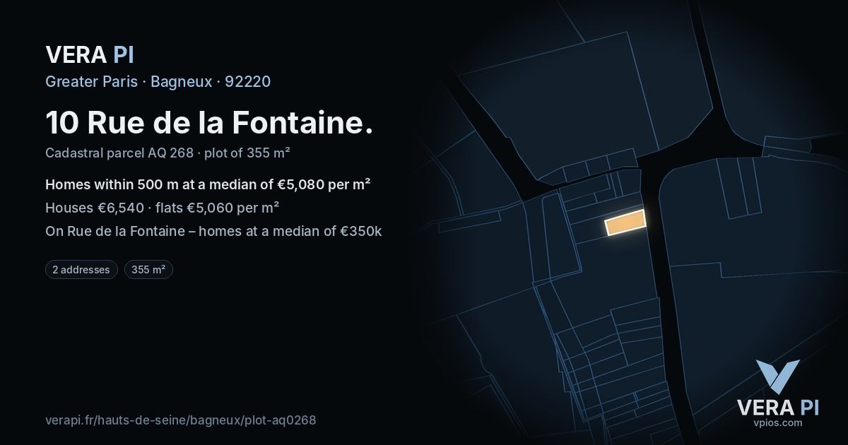 10 Rue de la Fontaine, Bagneux at night – the plot lit, the parcels around coloured by the prices near them
