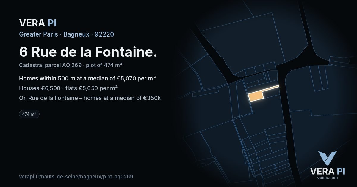 6 Rue de la Fontaine, Bagneux at night – the plot lit, the parcels around coloured by the prices near them