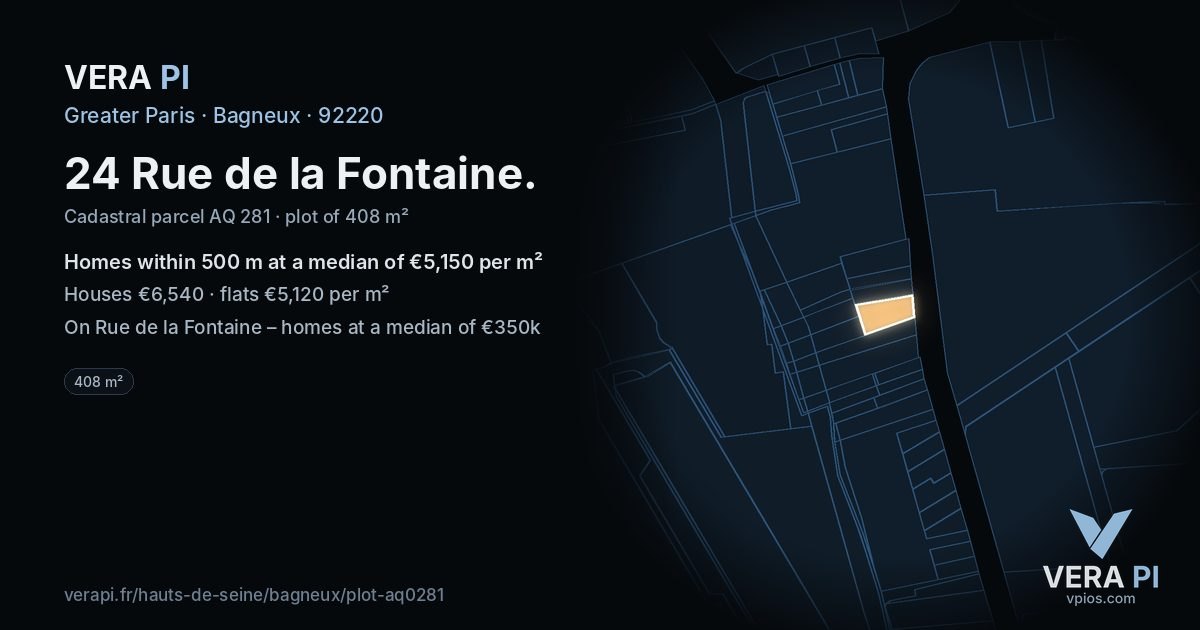24 Rue de la Fontaine, Bagneux at night – the plot lit, the parcels around coloured by the prices near them