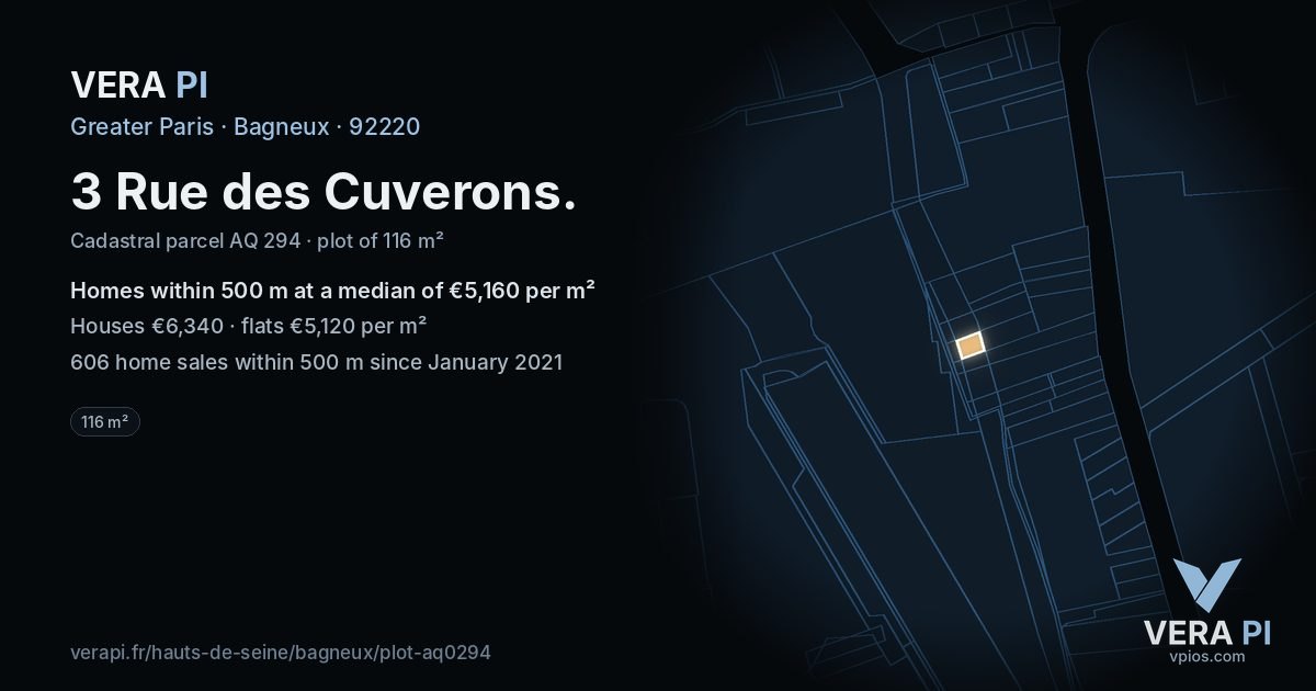 3 Rue des Cuverons, Bagneux at night – the plot lit, the parcels around coloured by the prices near them