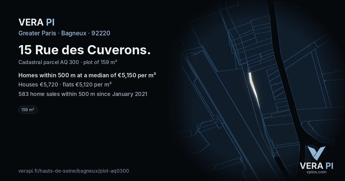 15 Rue des Cuverons, Bagneux at night – the plot lit, the parcels around coloured by the prices near them