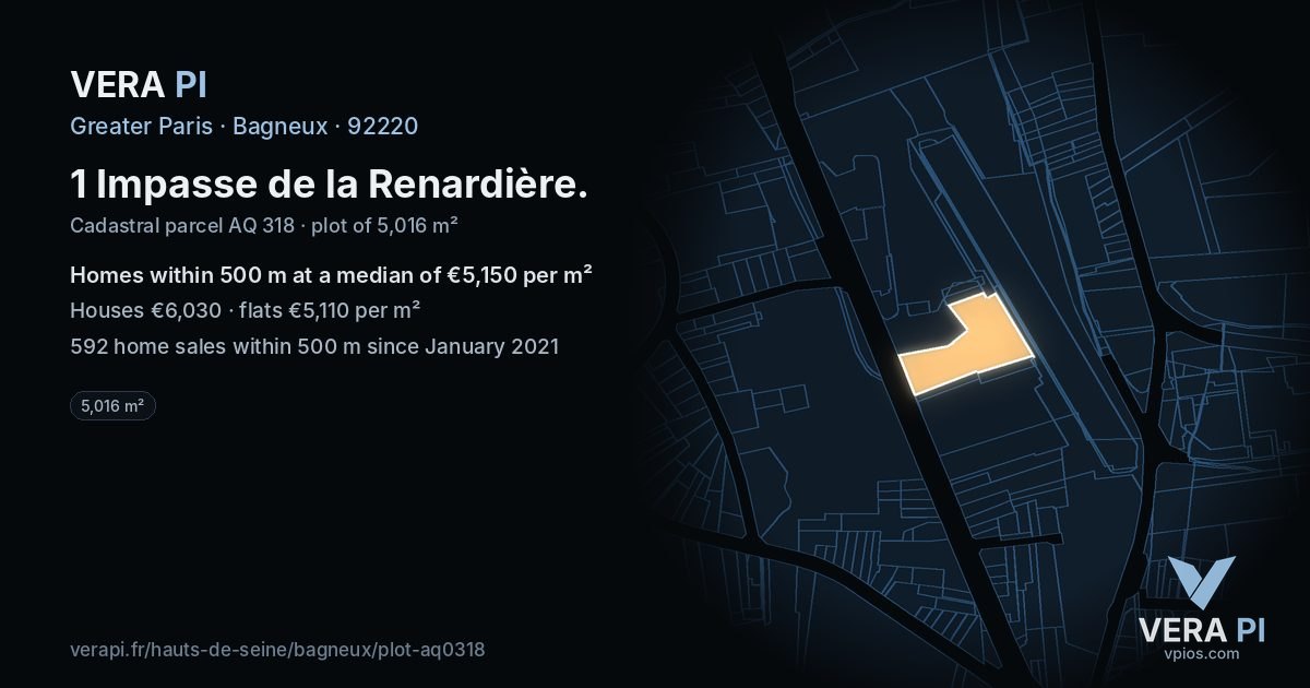 1 Impasse de la Renardière, Bagneux at night – the plot lit, the parcels around coloured by the prices near them