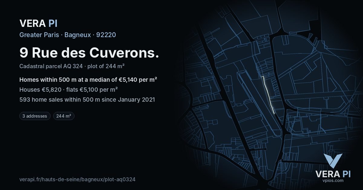 9 Rue des Cuverons, Bagneux at night – the plot lit, the parcels around coloured by the prices near them