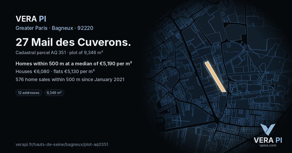 27 Mail des Cuverons, Bagneux at night – the plot lit, the parcels around coloured by the prices near them
