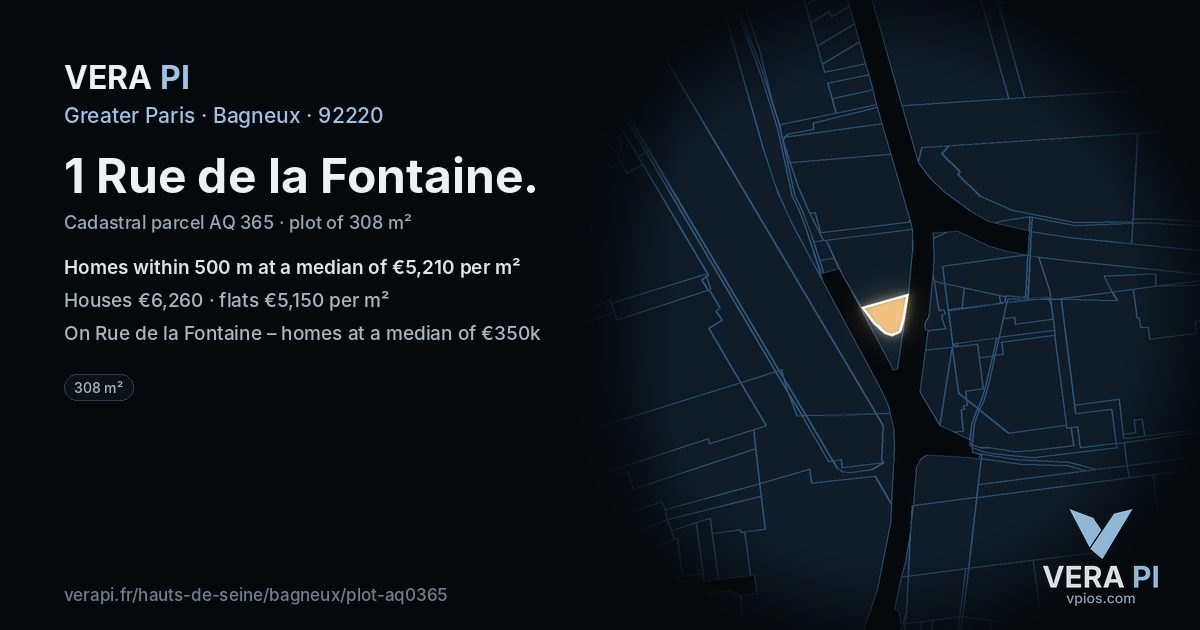 1 Rue de la Fontaine, Bagneux at night – the plot lit, the parcels around coloured by the prices near them