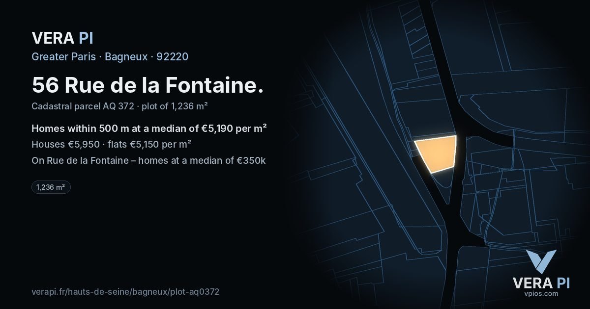 56 Rue de la Fontaine, Bagneux at night – the plot lit, the parcels around coloured by the prices near them