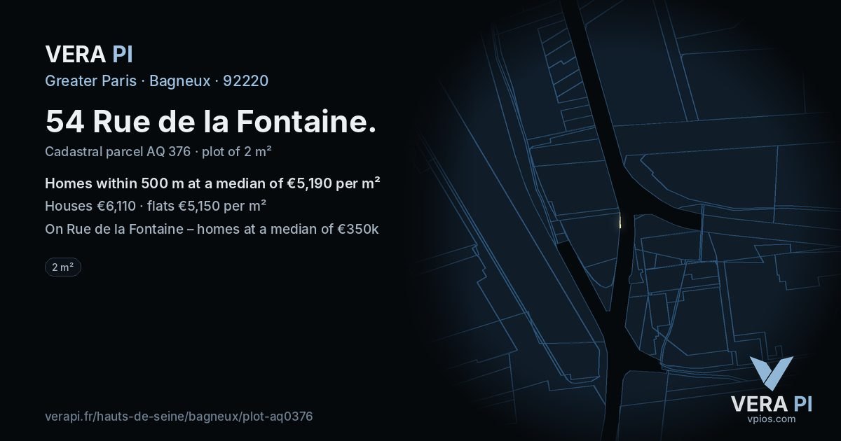 54 Rue de la Fontaine, Bagneux at night – the plot lit, the parcels around coloured by the prices near them