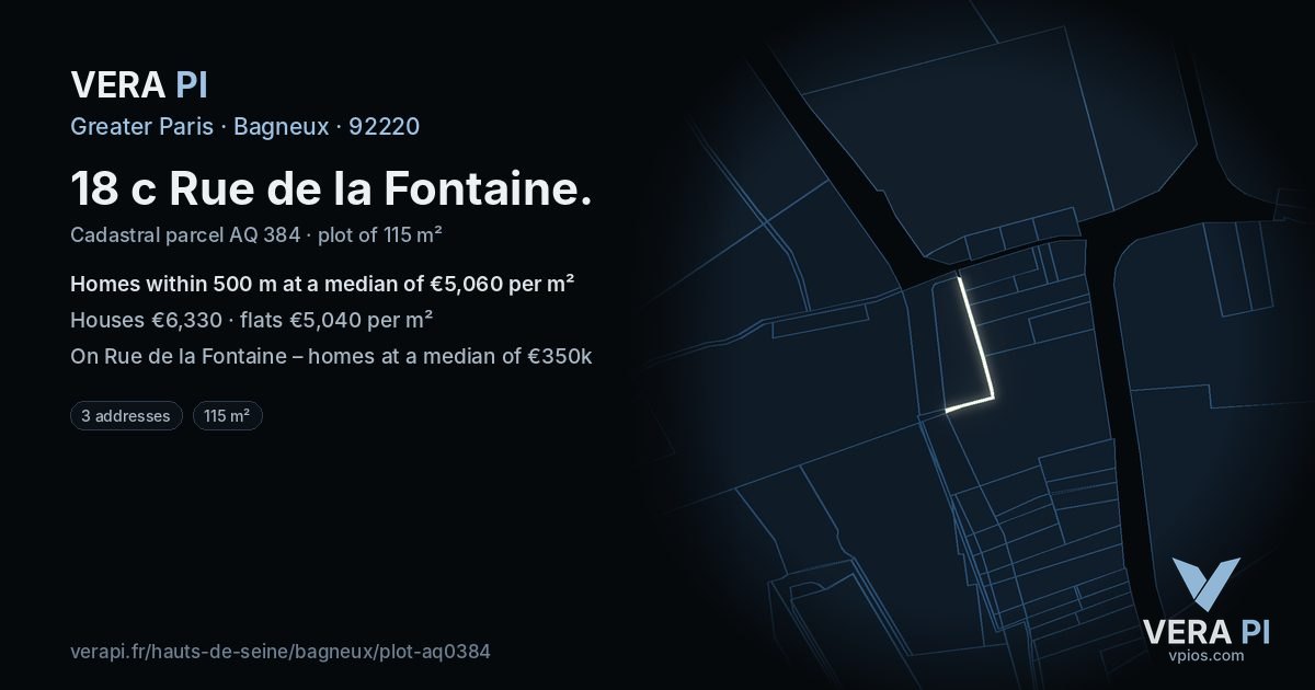 18 c Rue de la Fontaine, Bagneux at night – the plot lit, the parcels around coloured by the prices near them