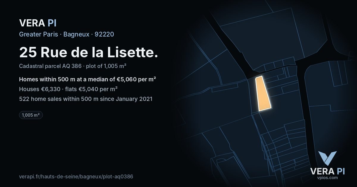 25 Rue de la Lisette, Bagneux at night – the plot lit, the parcels around coloured by the prices near them