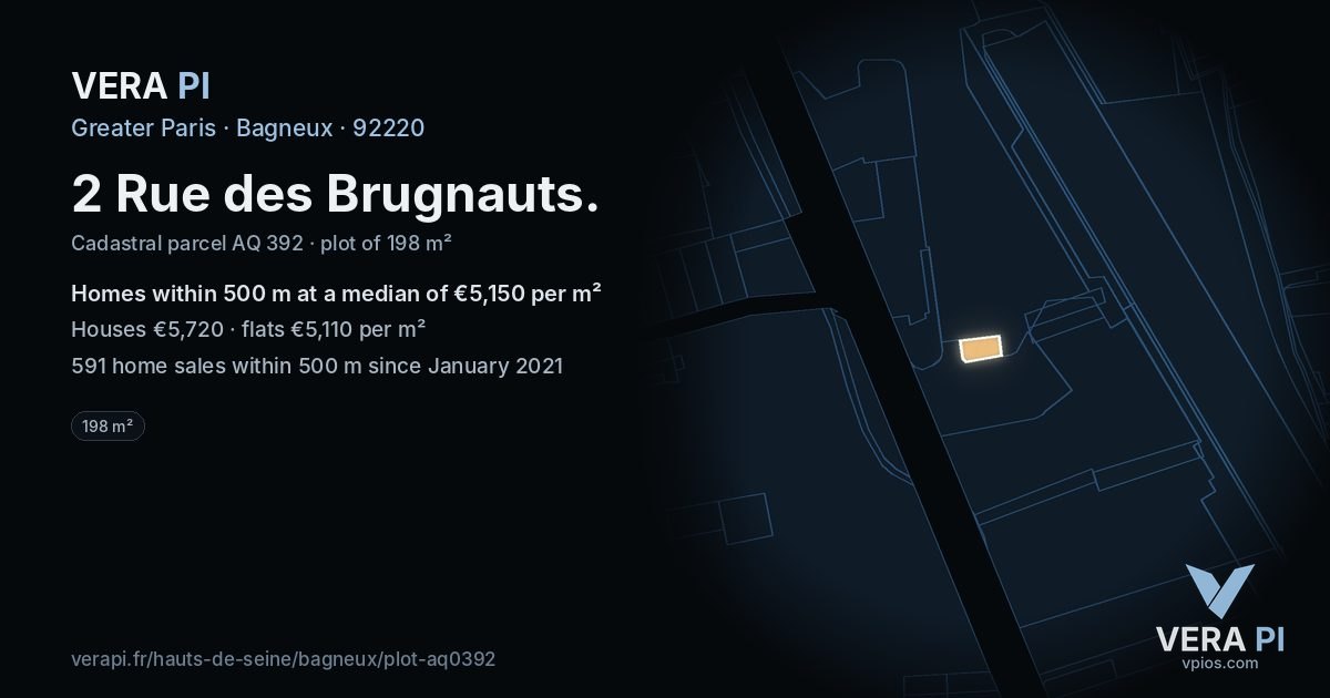 2 Rue des Brugnauts, Bagneux at night – the plot lit, the parcels around coloured by the prices near them