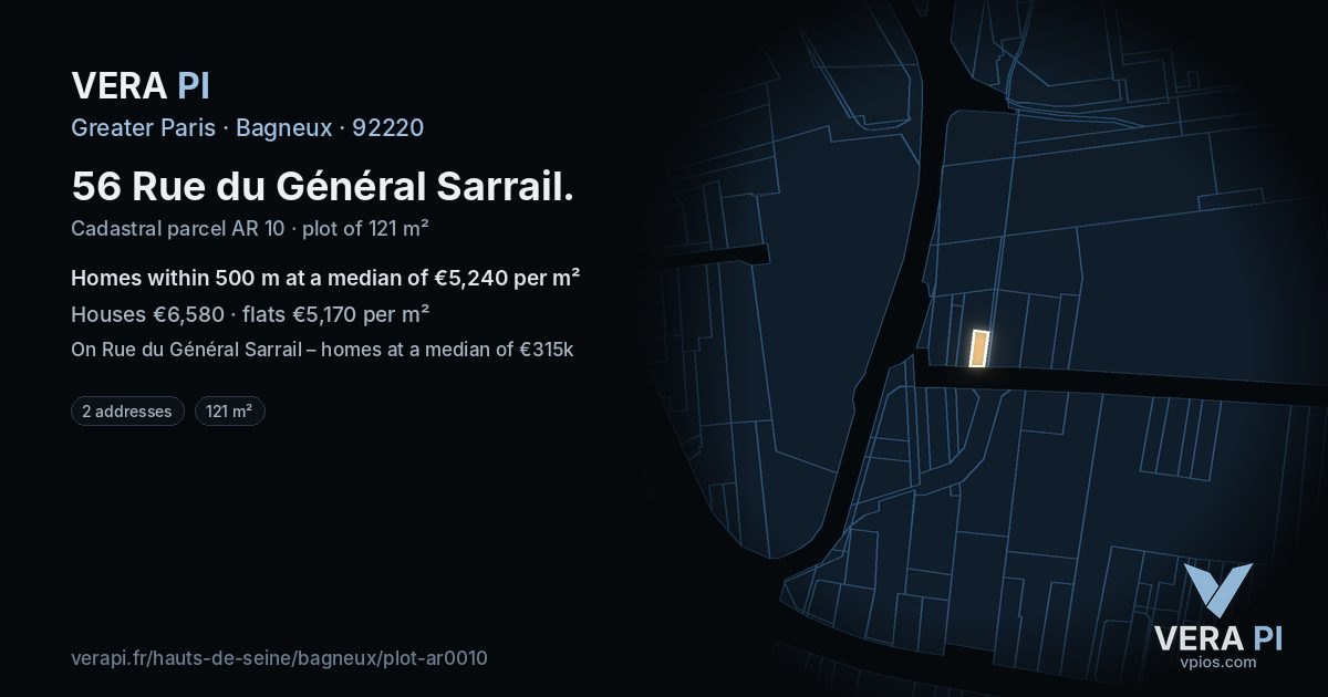 56 Rue du Général Sarrail, Bagneux at night – the plot lit, the parcels around coloured by the prices near them