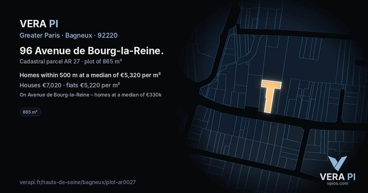 96 Avenue de Bourg-la-Reine, Bagneux at night – the plot lit, the parcels around coloured by the prices near them