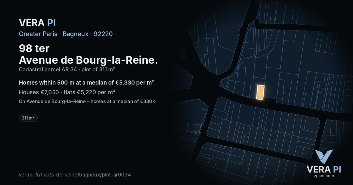 98 ter Avenue de Bourg-la-Reine, Bagneux at night – the plot lit, the parcels around coloured by the prices near them
