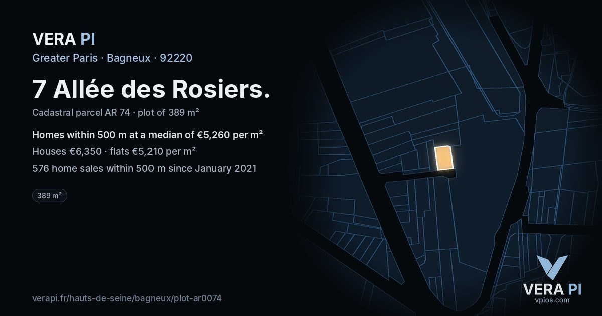 7 Allée des Rosiers, Bagneux at night – the plot lit, the parcels around coloured by the prices near them