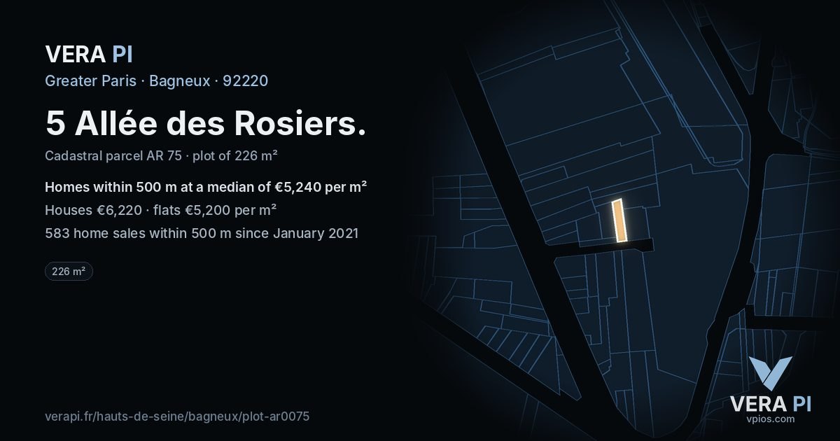 5 Allée des Rosiers, Bagneux at night – the plot lit, the parcels around coloured by the prices near them