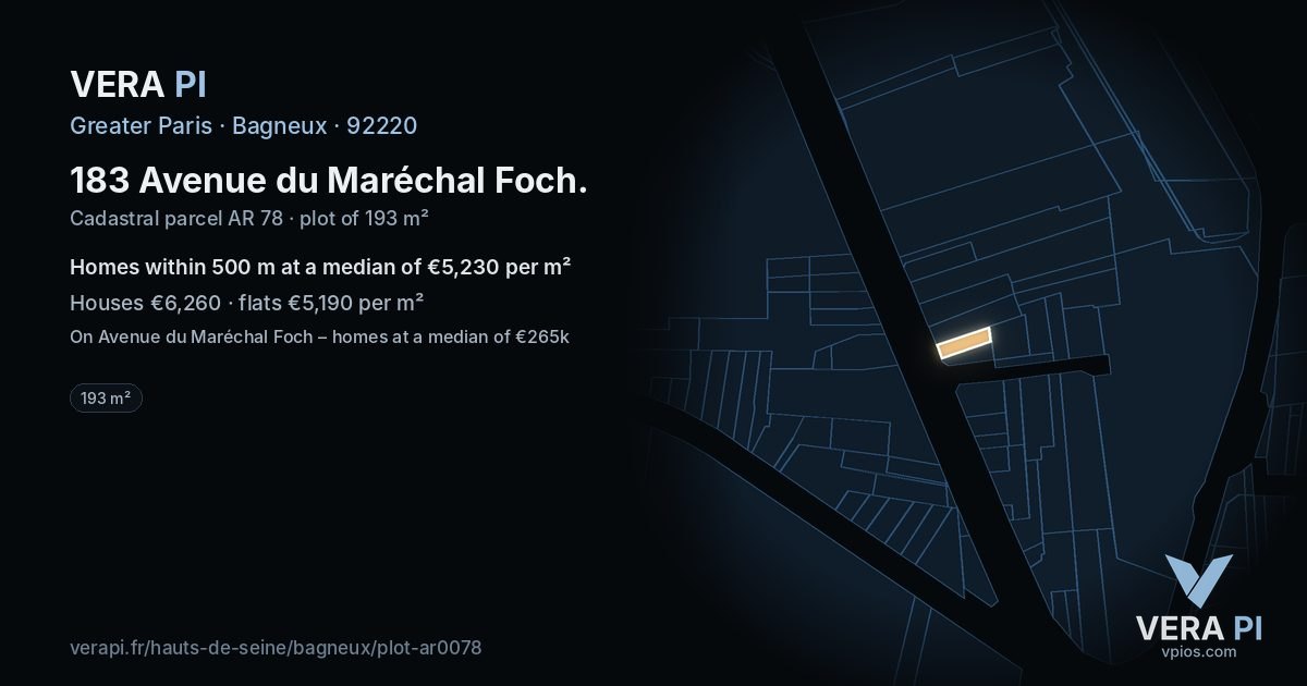 183 Avenue du Maréchal Foch, Bagneux at night – the plot lit, the parcels around coloured by the prices near them