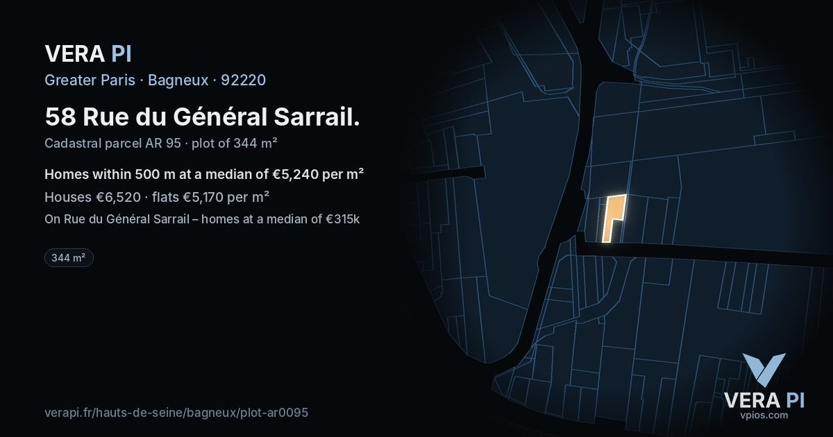 58 Rue du Général Sarrail, Bagneux at night – the plot lit, the parcels around coloured by the prices near them