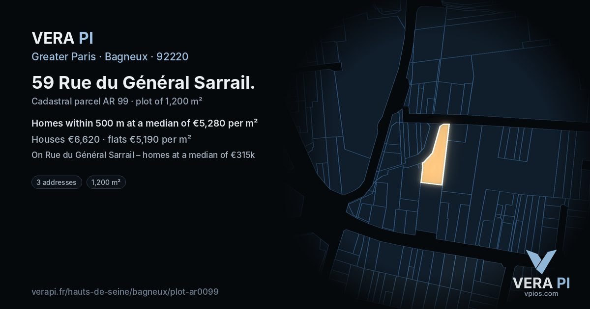59 Rue du Général Sarrail, Bagneux at night – the plot lit, the parcels around coloured by the prices near them