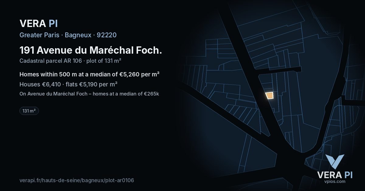 191 Avenue du Maréchal Foch, Bagneux at night – the plot lit, the parcels around coloured by the prices near them
