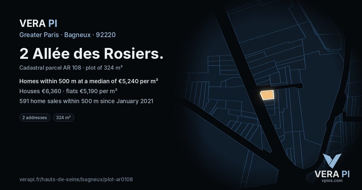 2 Allée des Rosiers, Bagneux at night – the plot lit, the parcels around coloured by the prices near them