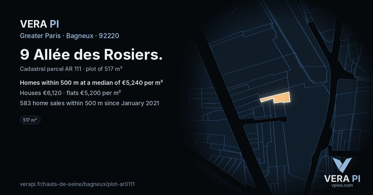 9 Allée des Rosiers, Bagneux at night – the plot lit, the parcels around coloured by the prices near them