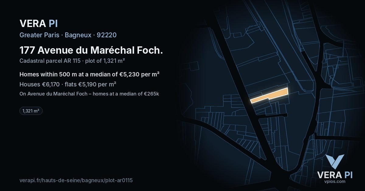 177 Avenue du Maréchal Foch, Bagneux at night – the plot lit, the parcels around coloured by the prices near them