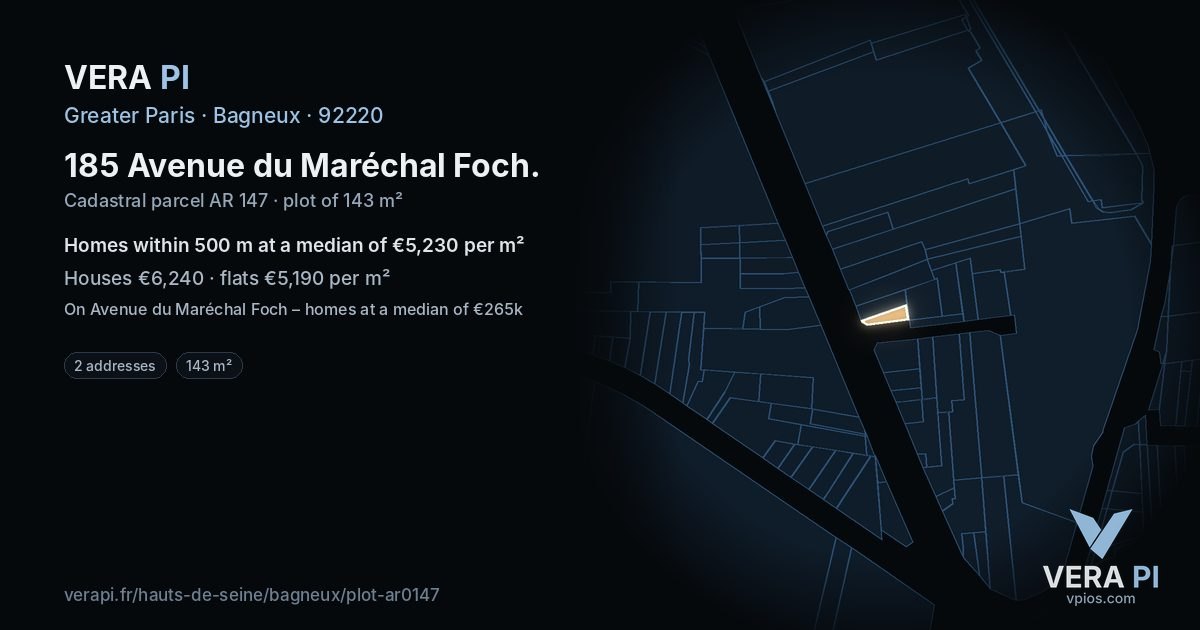 185 Avenue du Maréchal Foch, Bagneux at night – the plot lit, the parcels around coloured by the prices near them
