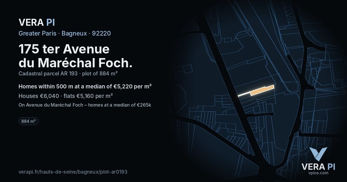 175 ter Avenue du Maréchal Foch, Bagneux at night – the plot lit, the parcels around coloured by the prices near them