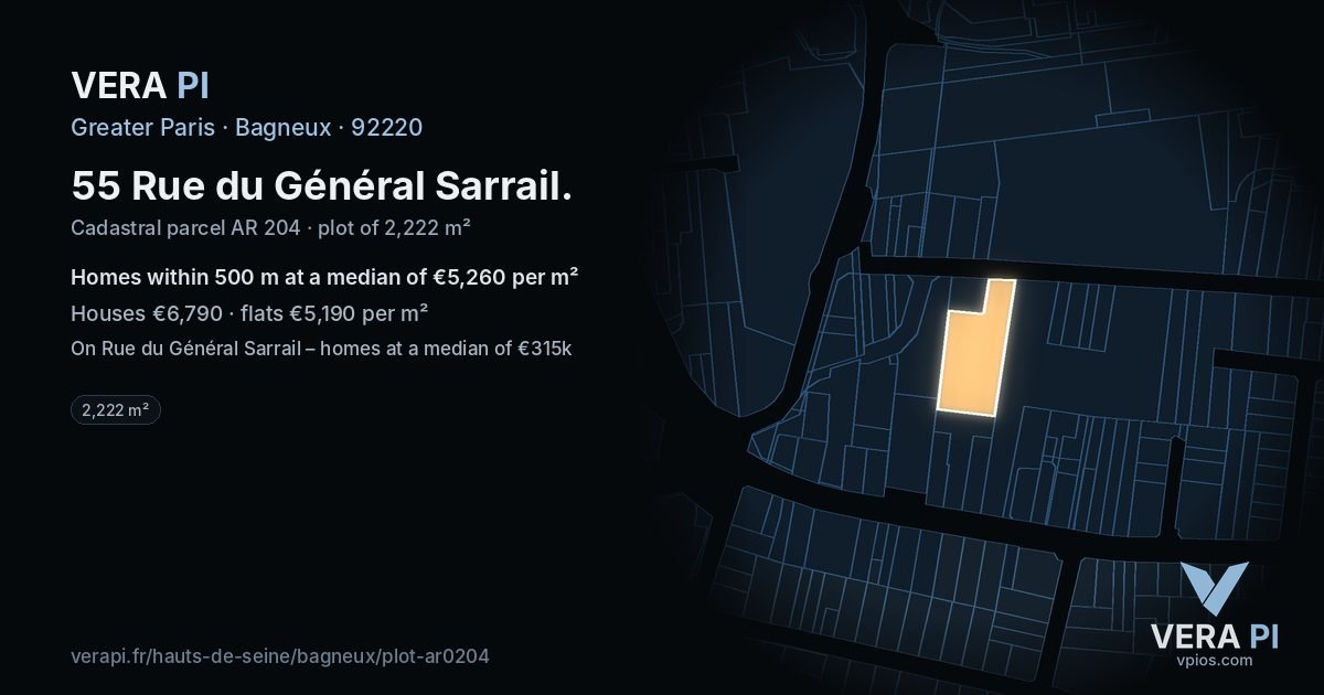 55 Rue du Général Sarrail, Bagneux at night – the plot lit, the parcels around coloured by the prices near them