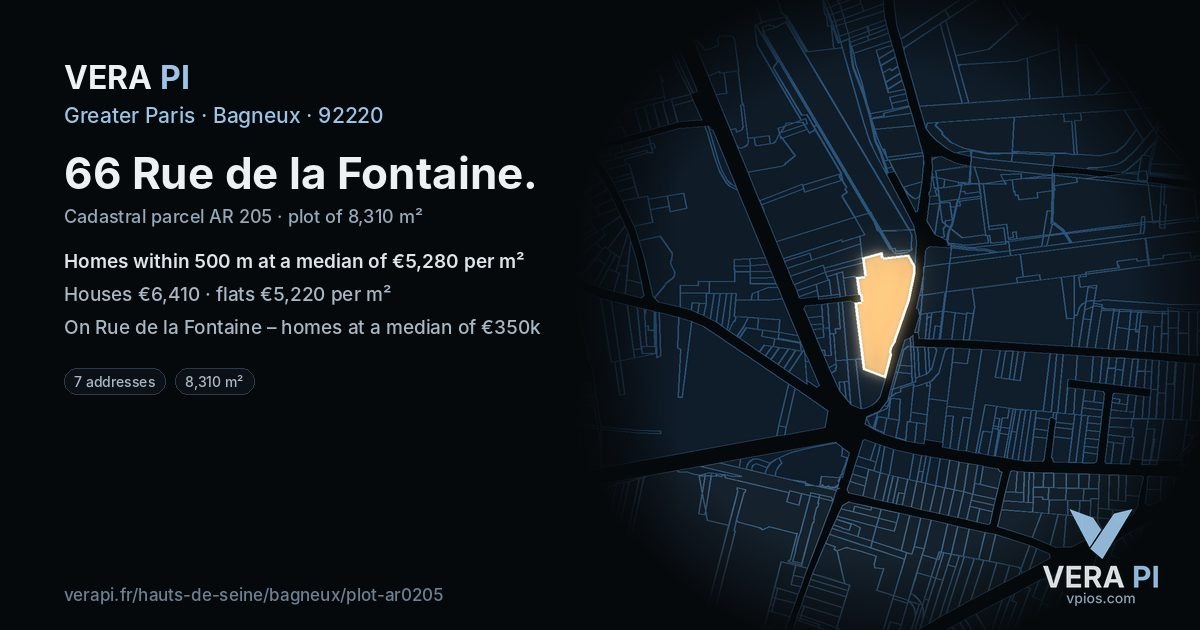 66 Rue de la Fontaine, Bagneux at night – the plot lit, the parcels around coloured by the prices near them